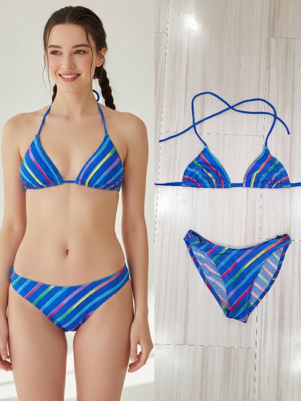 Vtg 80s blue colorful striped bikini